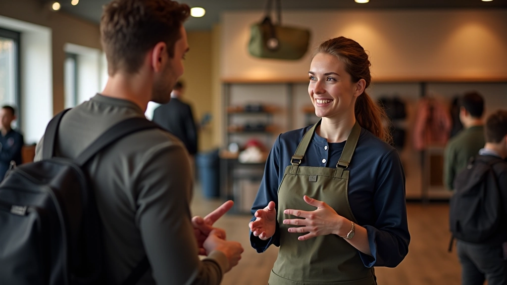 Customer consulting with staff member about backpack features