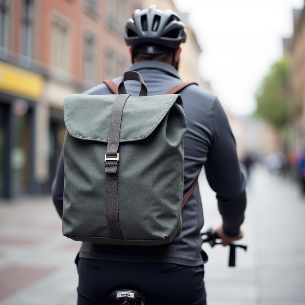 Person using the Amsterdam backpack during a cycling commute through an urban European city street with bicycles