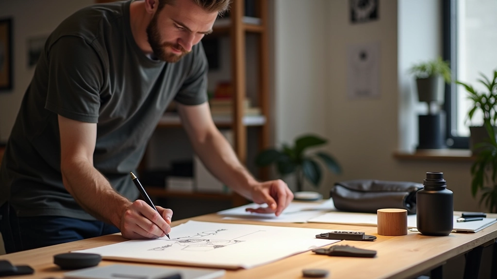 Design workspace with bag prototypes and materials at ghanaspy studio