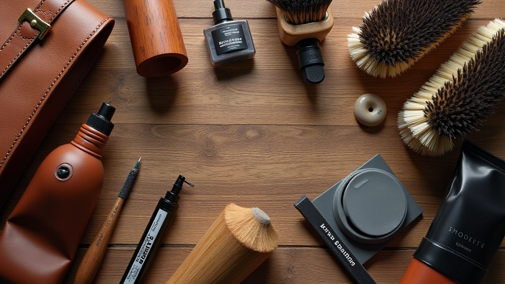 Leather care products and maintenance materials arranged neatly