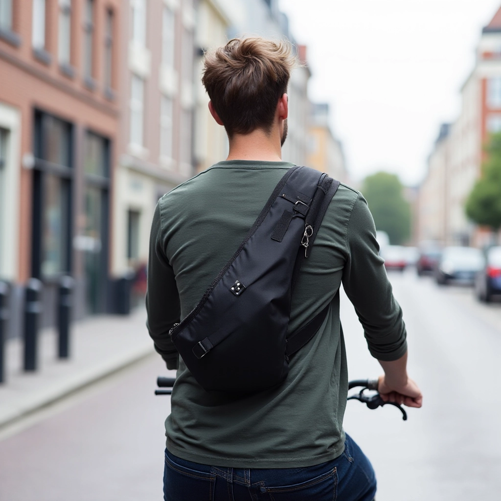 Person wearing black sling pack while cycling through urban street, showing hands-free carrying during active movement