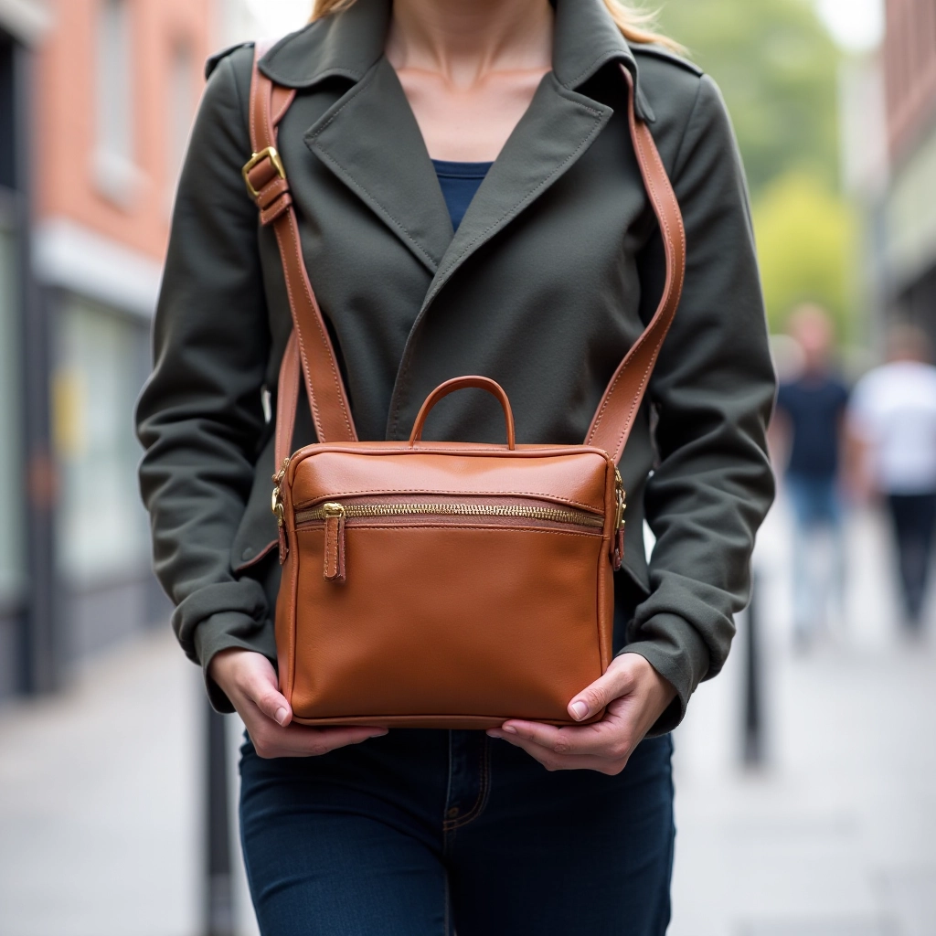 Person wearing cognac leather crossbody bag across body while walking through urban street, demonstrating lightweight fit and comfortable positioning