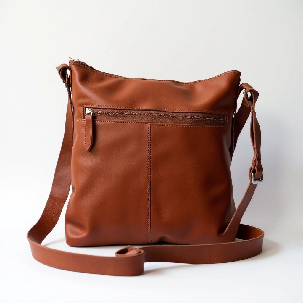 Cognac leather crossbody bag with adjustable strap on white background showing rich leather grain texture