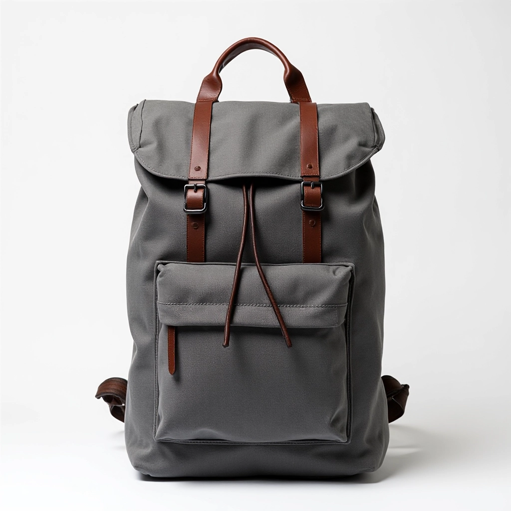 Storm grey canvas backpack with leather handles displayed on white background showing waterproof base compartment