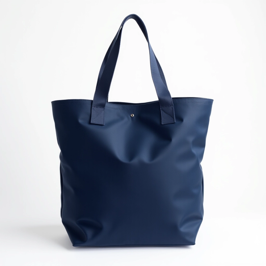 Navy blue tote bag with reinforced handles displayed on white background showing expandable design and organization pockets